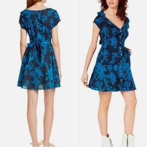 Free People A Thing Called Love Mini Dress Linen Blend Floral  Blue Black Size 6